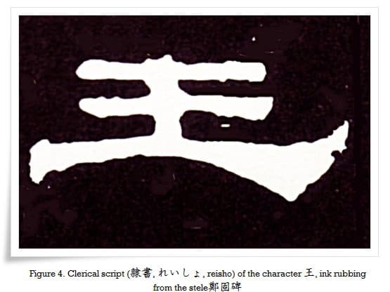 Figure 4. Clerical script (隷書, れいしょ, reisho) of the character 王, ink rubbing from the stele 鄭固碑